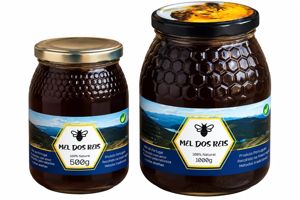 Frascos Mel dos Reis de 500 g e 1 kg com os rótulos da marca